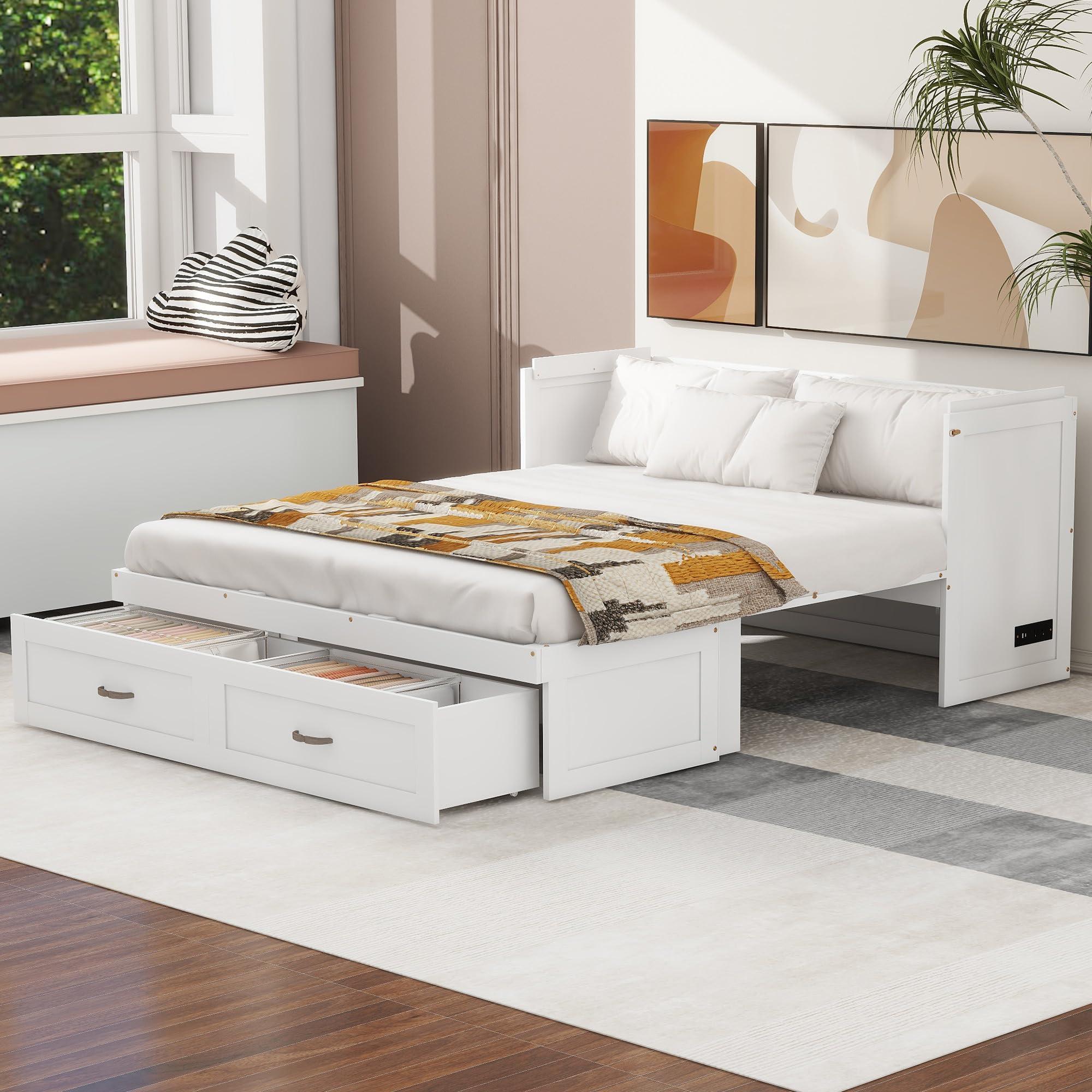 RUNNA RUNNA Full Size Versatility Murphy Bed with Large Drawer,Solid Wood Mobile Murphy Chest Bed with USB Port and Metal Handles. Foldable, Saves Bedroom Space (White#069)