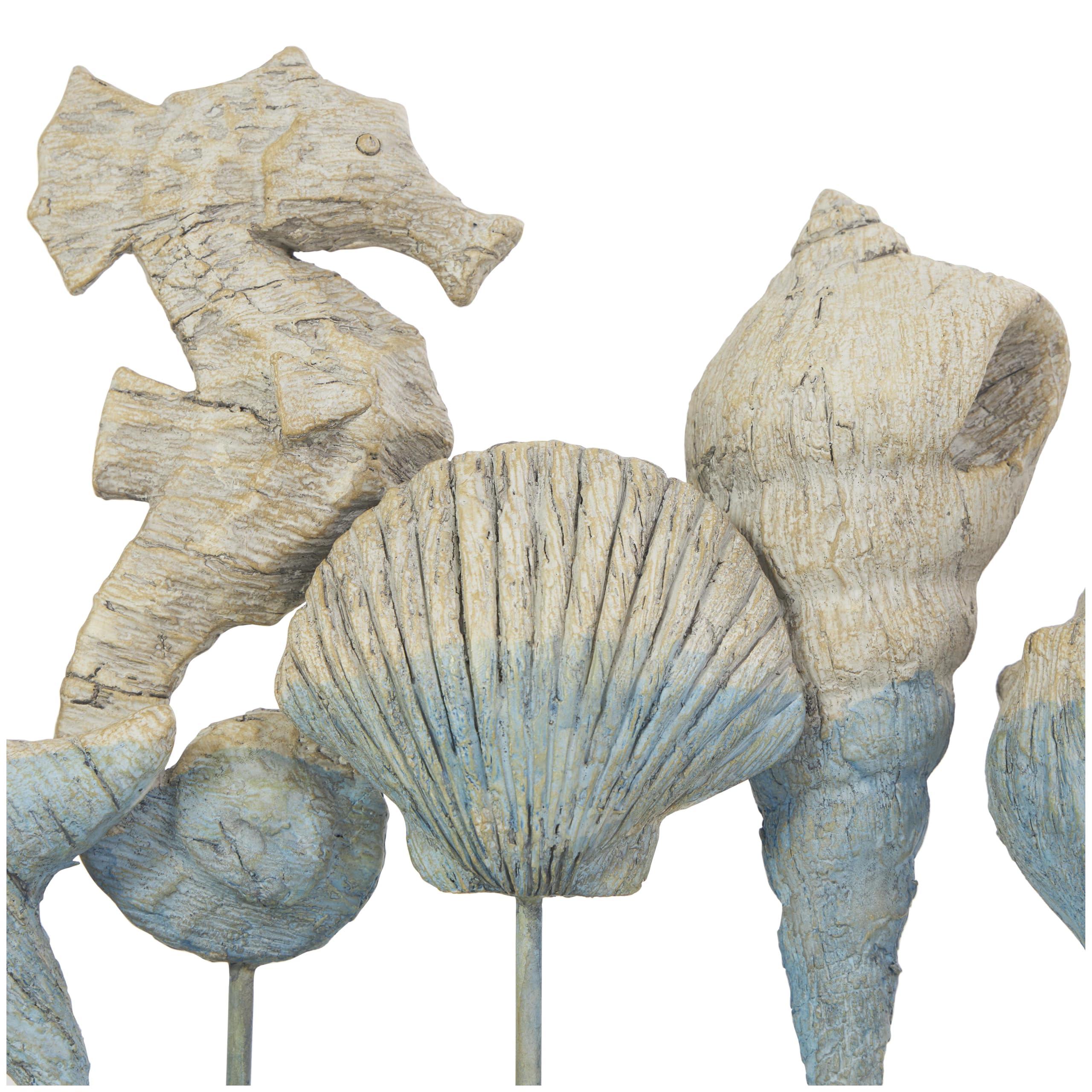 Deco 79 Deco 79 Polystone Shell Decorative Sculpture Textured Ombre Home Decor Statue with Seahorse Accent, Accent Figurine 14" x 4" x 11", Light Blue