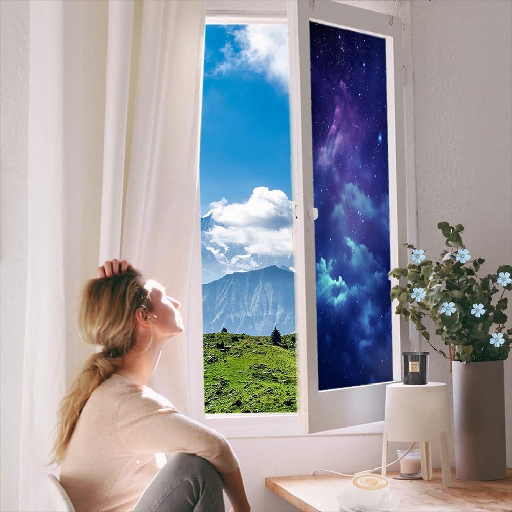 Dunmat Dunmat Gorgeous Galaxy Window Film Sun Blocking Dream Nebula Modern Star Sky Stained Glass Window Film No Glue Decorative Window Cling for Home Window&Glass Door 27.6Wx39.4L