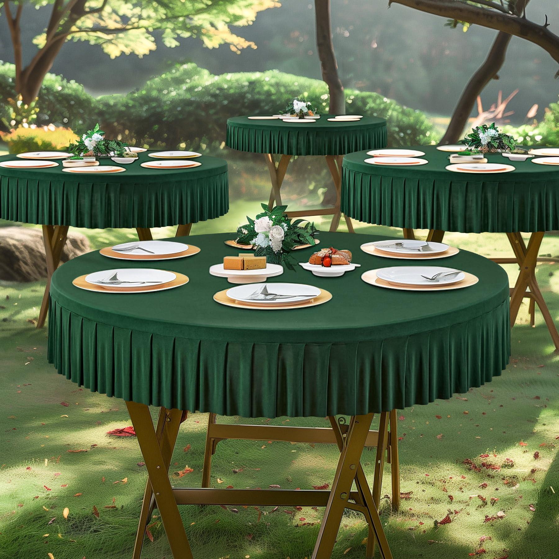 Party Talk 8 Pack Green Spandex Round Tablecloths for 60 inch Table, Stretchy Fitted 5FT Round Table Cloths Wrinkle Free Round Table Covers with Table Skirt for Christmas Wedding Banquet Birthday Party