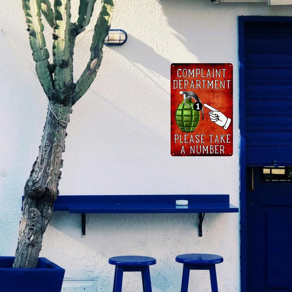 RESKEA Funny Metal Tin Sign Complaint Department Grenade Sign Complaint Department Take A Number Tin Signs Sarcastic Man Cave Bar Wall Decor
