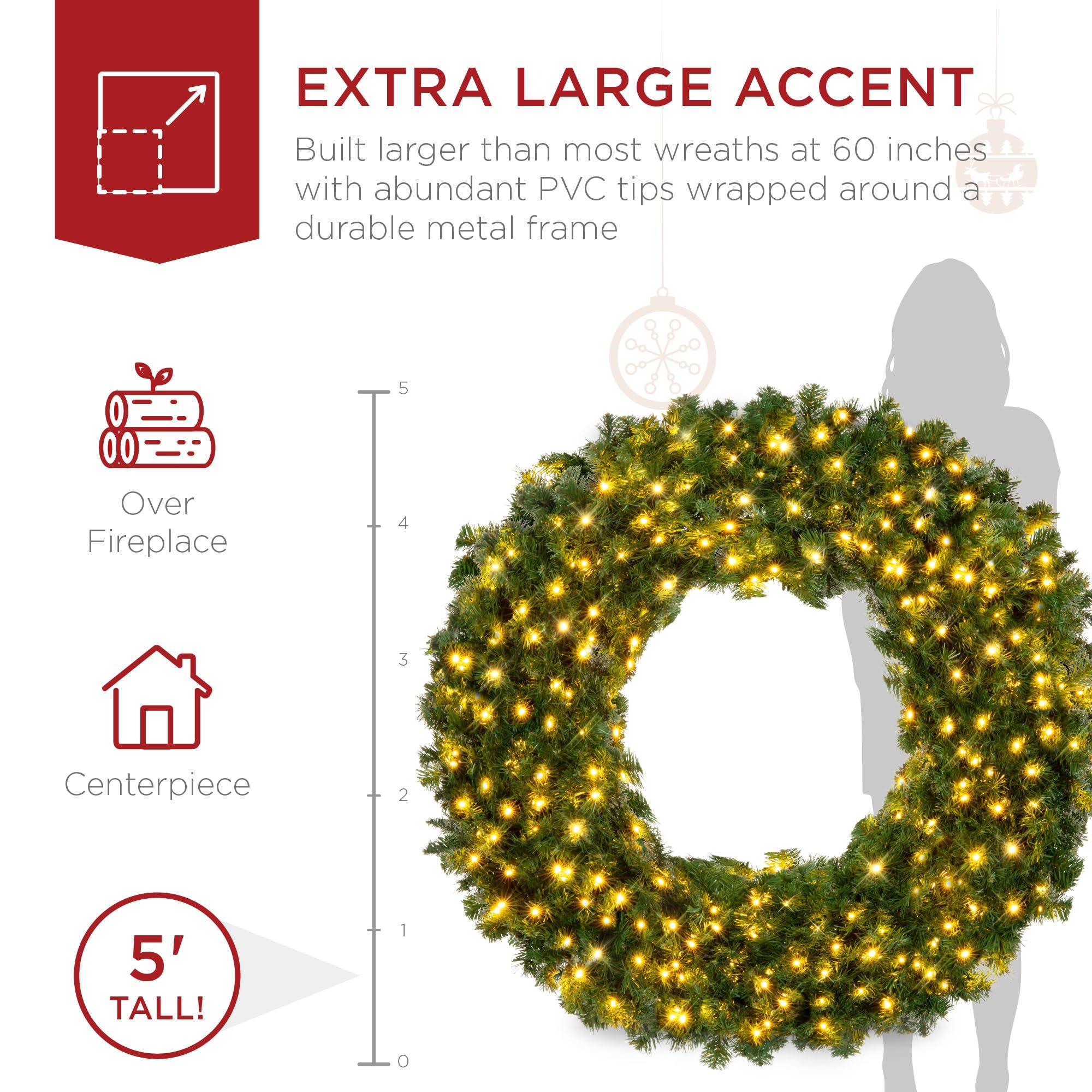 Best Choice Products Best Choice Products 60in Large Artificial Pre-Lit Fir Christmas Wreath Holiday Accent Decoration w/ 300 LED Lights, 930 PVC Tips