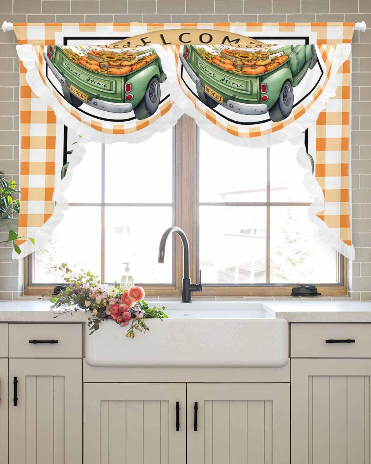Edwiinsa Fall Green Truck Pumpkin Swag Waterfall Valance for Living Room/Bedroom, Window Curtain Valance Swag with Ruffles Thanksgiving Buffalo Plaid Orange Rod Pocket Tailored Swag Topper Curtains 59\'\'x41.3\'\'