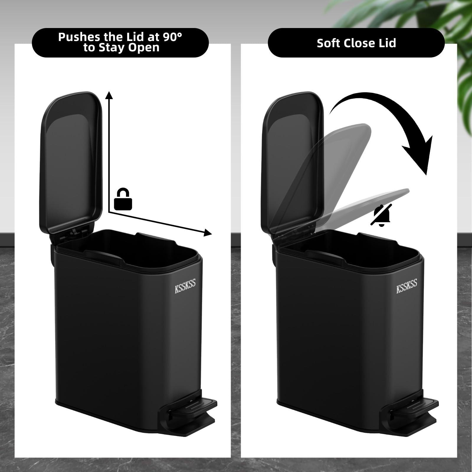 KSSKSS KSSKSS Small Bathroom Trash Can with Soft Close Lid, 6L / 1.6 Gallon Stainless Steel Garbage Can with Removable Inner Bucket, Step Pedal, Slim Wastebasket for Bedroom, Home Office (Matt Black)