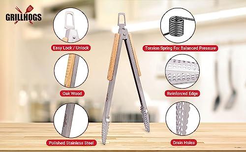 GRILLHOGS 16\" Extra Long Tongs 18/0 Stainless Steel BBQ Grill Tongs with Ergonomic Real Oak Wood Handle for Cooking - Durable Grilling Accessory, Tongs for Cooking & Kitchen, Outdoor Barbecue, Easy to Clean