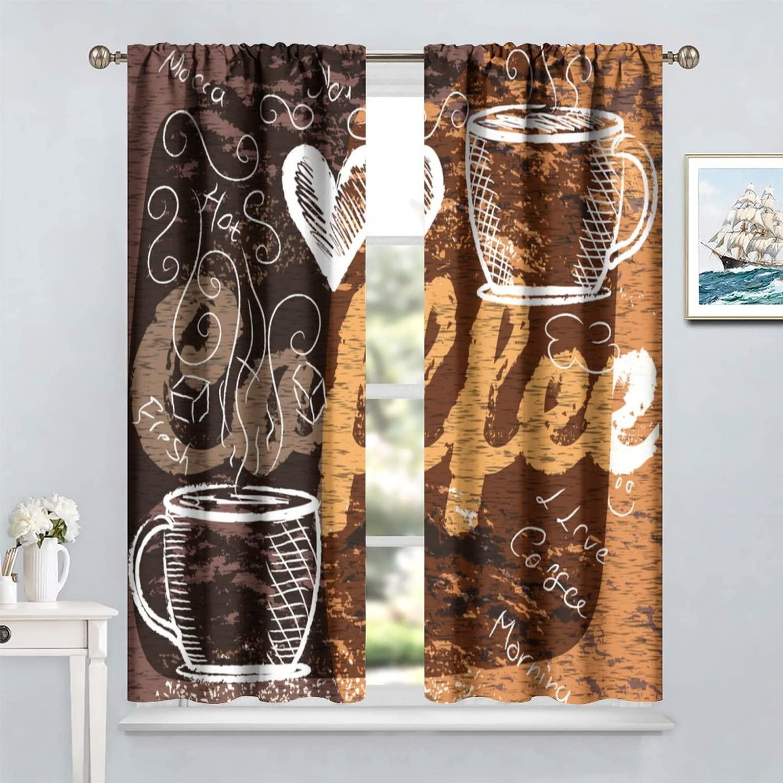 YCness Coffee Kitchen Curtains, Coffee Theme Decor Coffee Curtains for Kitchen Windows, Cafeteria Tea Party Pattern for Caf Decor 2 Panel Sets,55x63 Inch