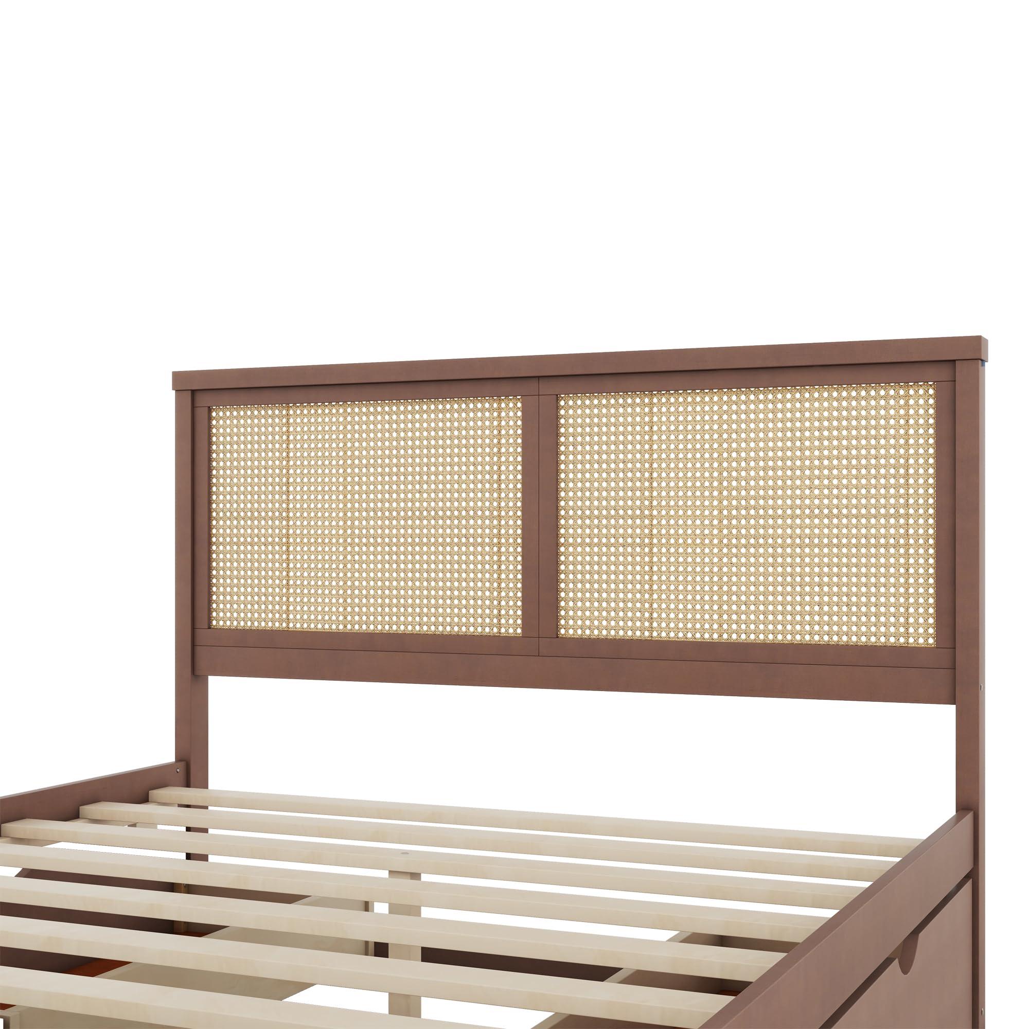 RuiSiSi RuiSiSi Queen Size Wooden Bed Frame with 4 Storage Drawers, Platform Bed with Rattan Headboard, for Bedroom, Espresso