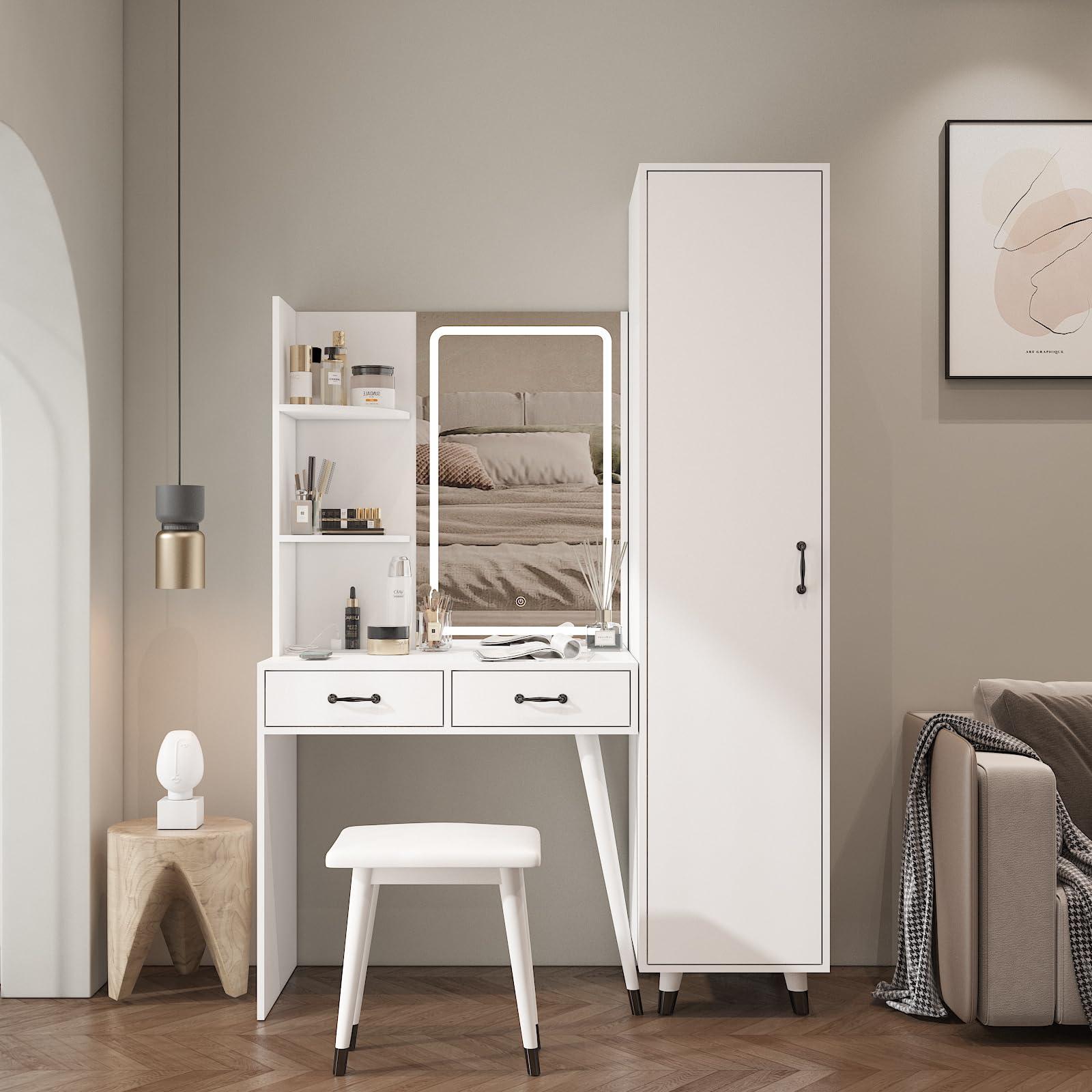 Thxbyebye White Makeup Vanity Desk with Side Storage Shelf, Vanity Table with Slim Cabinet, Dressing Table, Makeup Vanity Set with Side Cabinet, Makeup Vanity Table and Power Outlets, Makeup Table with Shelves