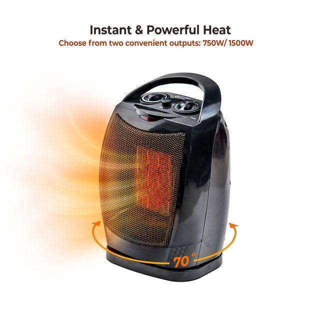 Comfort Zone Comfort Zone Space Heaters for Indoor Use, Portable Bedroom Heater, 70 Degree Oscillation, Thermostat, Small Room Heater, Fast Heating, Quiet Fan Forced Ceramic Heater, 1500W. 200 Sq. Ft., Black