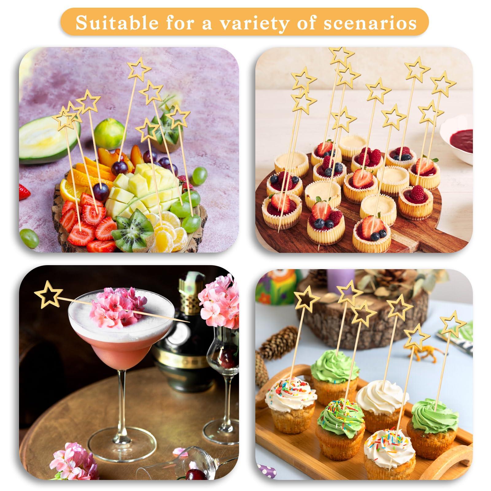 Aiyorse 100PCS Gold Star Bamboo Cocktail Picks, 5.5 Inch Christmas Fancy Toothpicks for Appetizers, Decorative Cocktail Picks for Party Decoration, Appetizer Skewers for Charcuterie Drinks Desserts Fruit