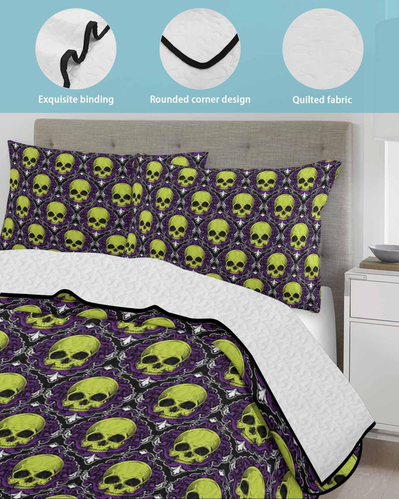 LEOKOTI LEOKOTI Twin Quilt Sets with 2 Pillow Shams, Halloween Skeleton Lightweight Summer Quilts Twin Size, Teal Skull Purple Geometric Bedspreads Coverlet Bedding Set 3 Pieces for All Seasons