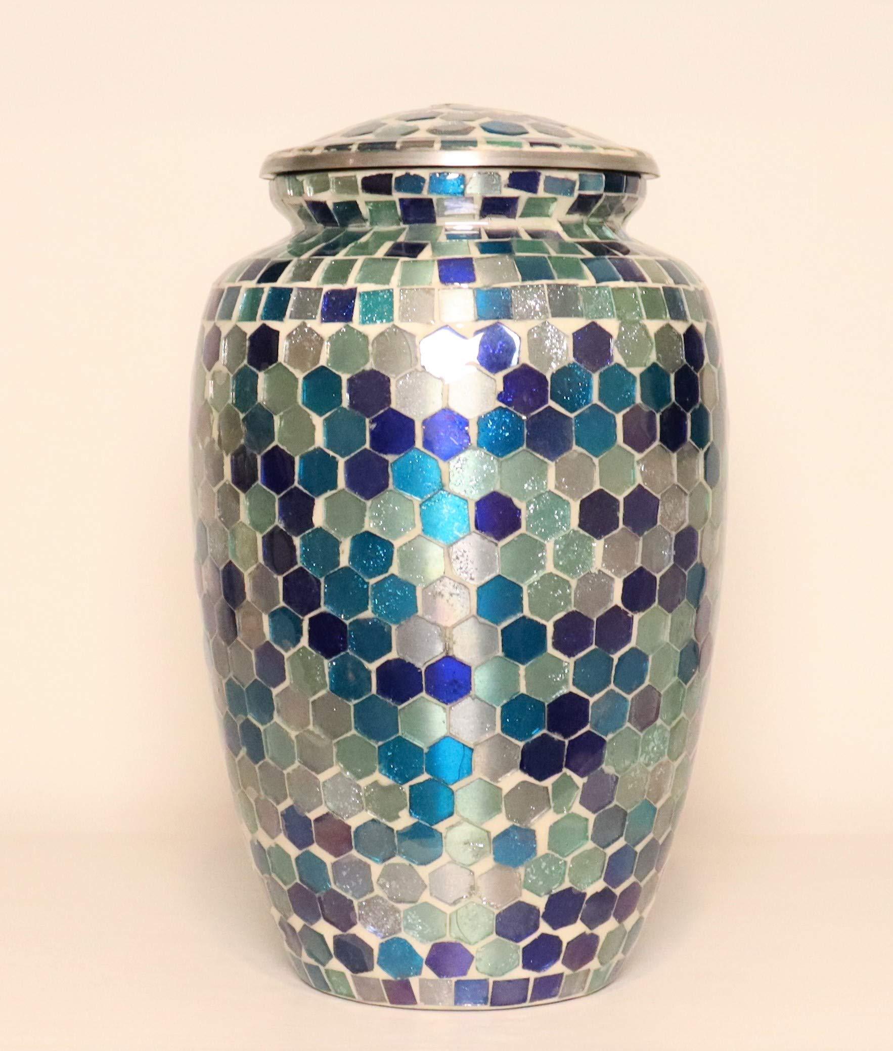 Liliane Memorials Mosaic Glass Cremation Urn - Hand Made Funeral Urn for Human Ashes - Large Adult Size Burial Urn - Hand Applied Individual Tiles Create a one of a Kind Work of Art - 200 cu in (Silver)