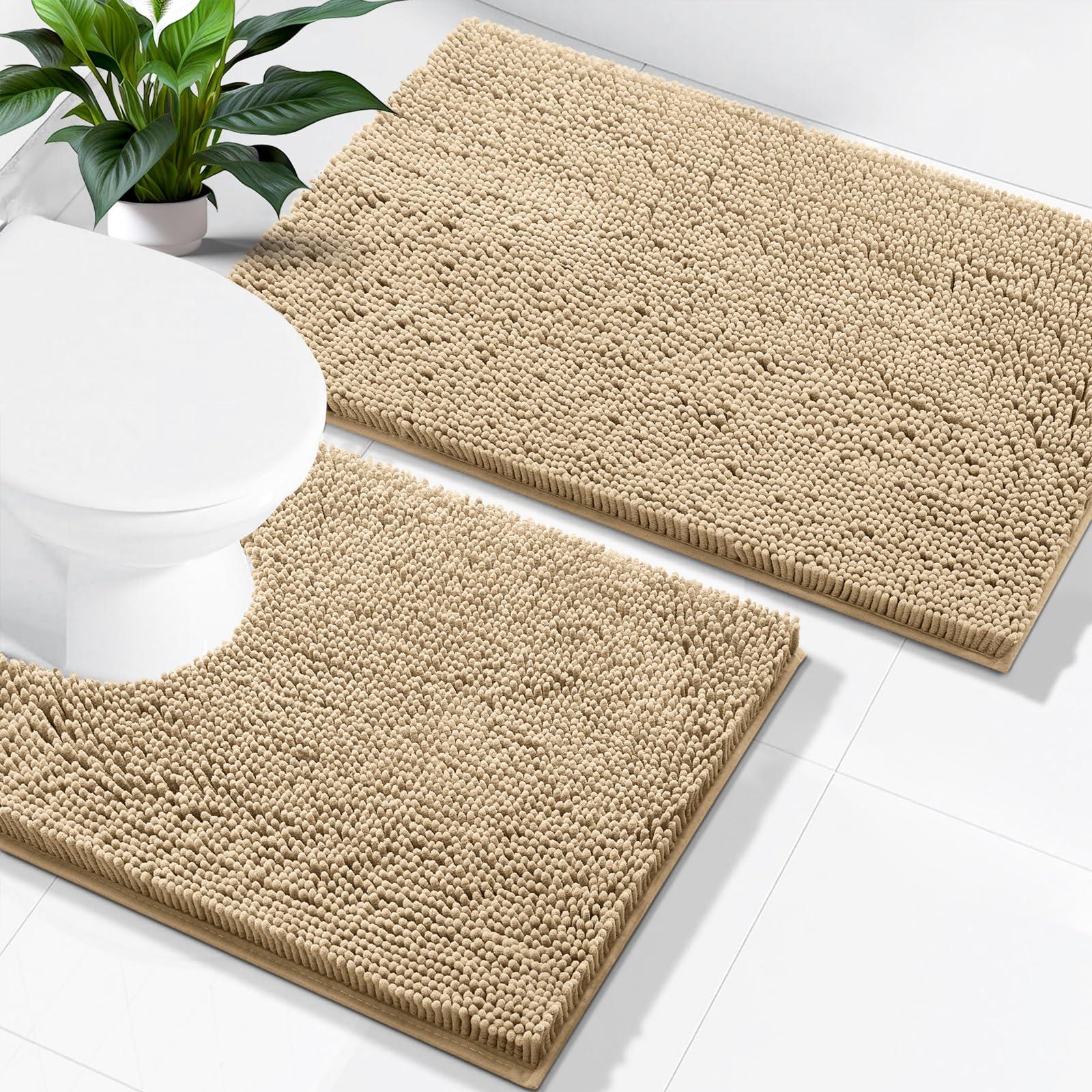 smiry Smiry Chenille Bathroom Rugs 36x24+24x16 and U-Shaped Toilet Bath Rugs 24x20, Extra Soft and Absorbent Shaggy Bath Mat, Machine Washable, Non-Slip Plush Carpet, Beige