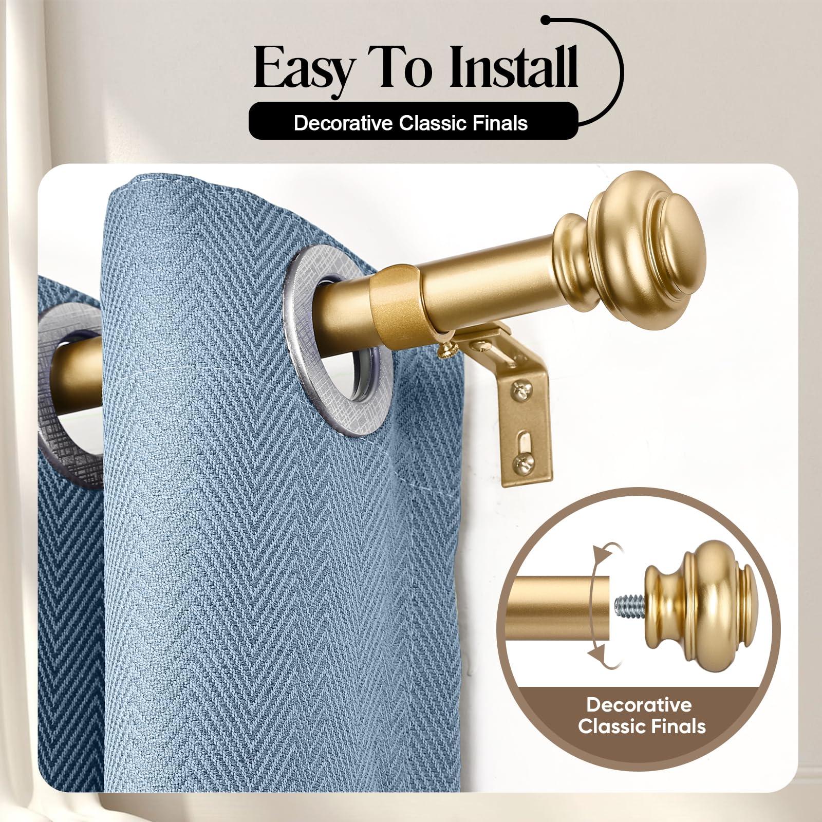 SIMEWIN SIMEWIN Heavy Duty Curtain Rods for Windows 72 to 144 Inches, 1 Inch Gold Curtain Rods for Bedroom, Living Room, Patio, Kitchen, Adjustable Curtain Rods with Classic Finials, Gold Finishing