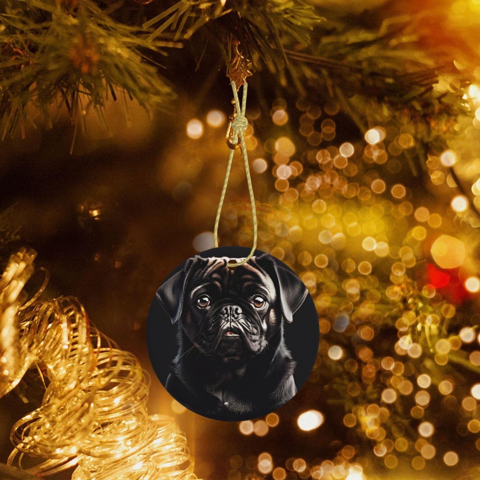 IRSHI Personalized Christmas Ornaments - Ceramic Christmas Hanging Ornaments - Aesthetic Christmas Tree Pendants Cute Black Pug Dog