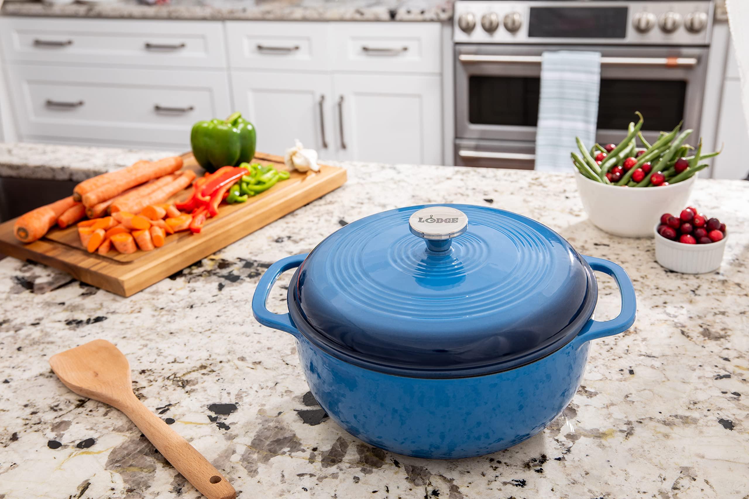 Lodge Lodge 6 Quart Enameled Cast Iron Dutch Oven with Lid Dual Handles Oven Safe up to 500 F or on Stovetop - Use to Marinate, Cook, Bake, Refrigerate and Serve Blue