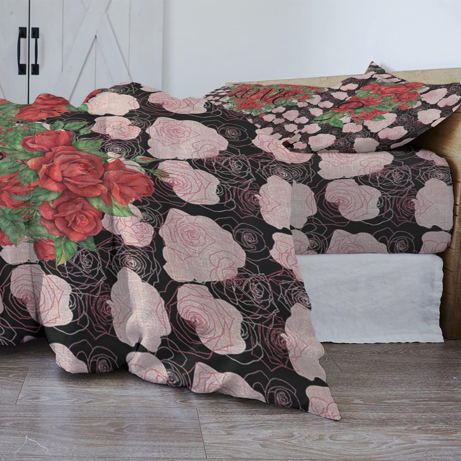 Debedcor Cal. King Comforter Covers Sets Valentine\'s Day 4 Piece Duvet Cover Set Lightweight Microfiber Soft Bedding Set for Adult Teen, Red Rose Flowers Love Heart Black