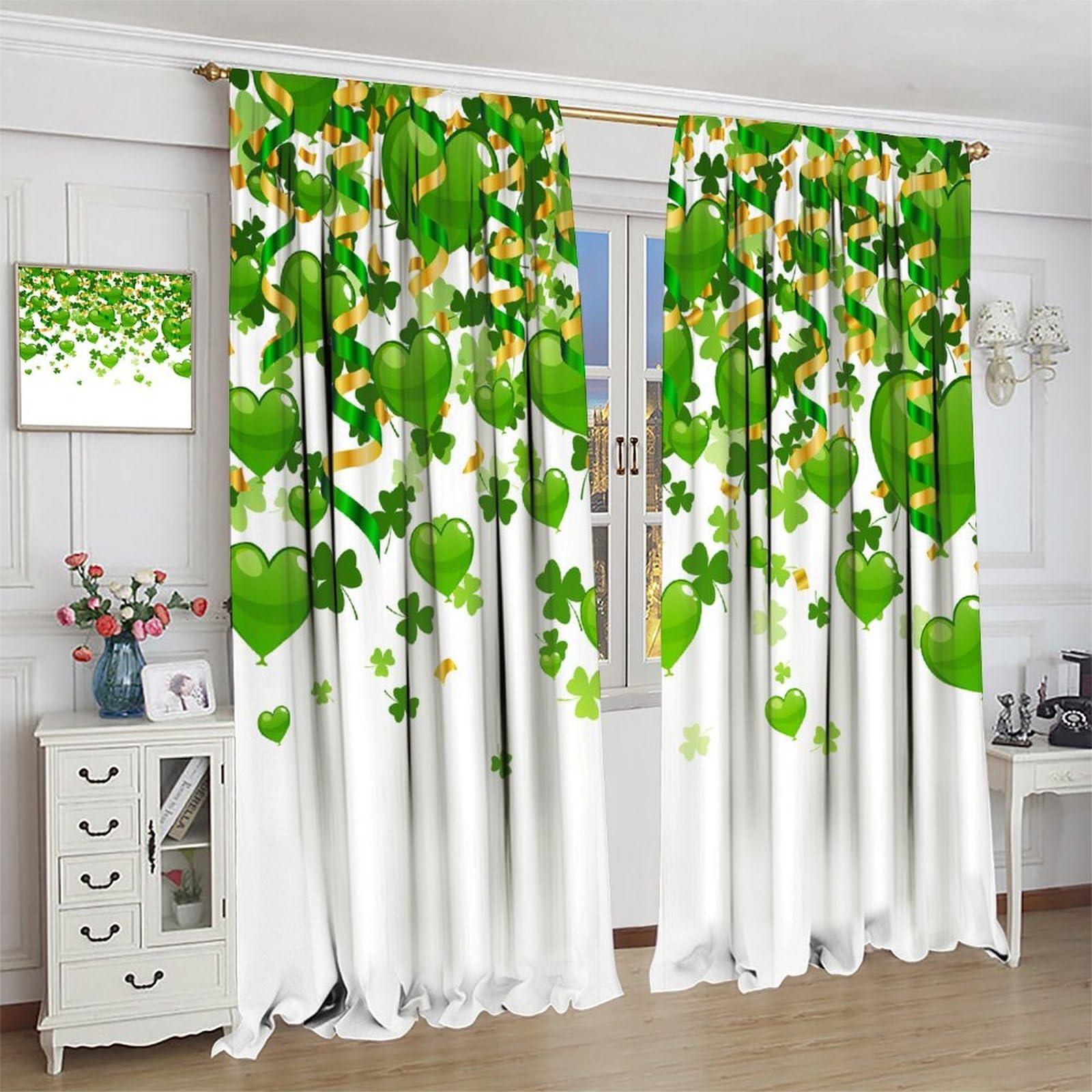 JanJCurt Lucky Irish Party Curtains, Green St. PatrickS Day Clover Shamrock Leaves with Heart Shaped Spring Holiday Print Window Drapes for Living Room Bedroom 84x84in
