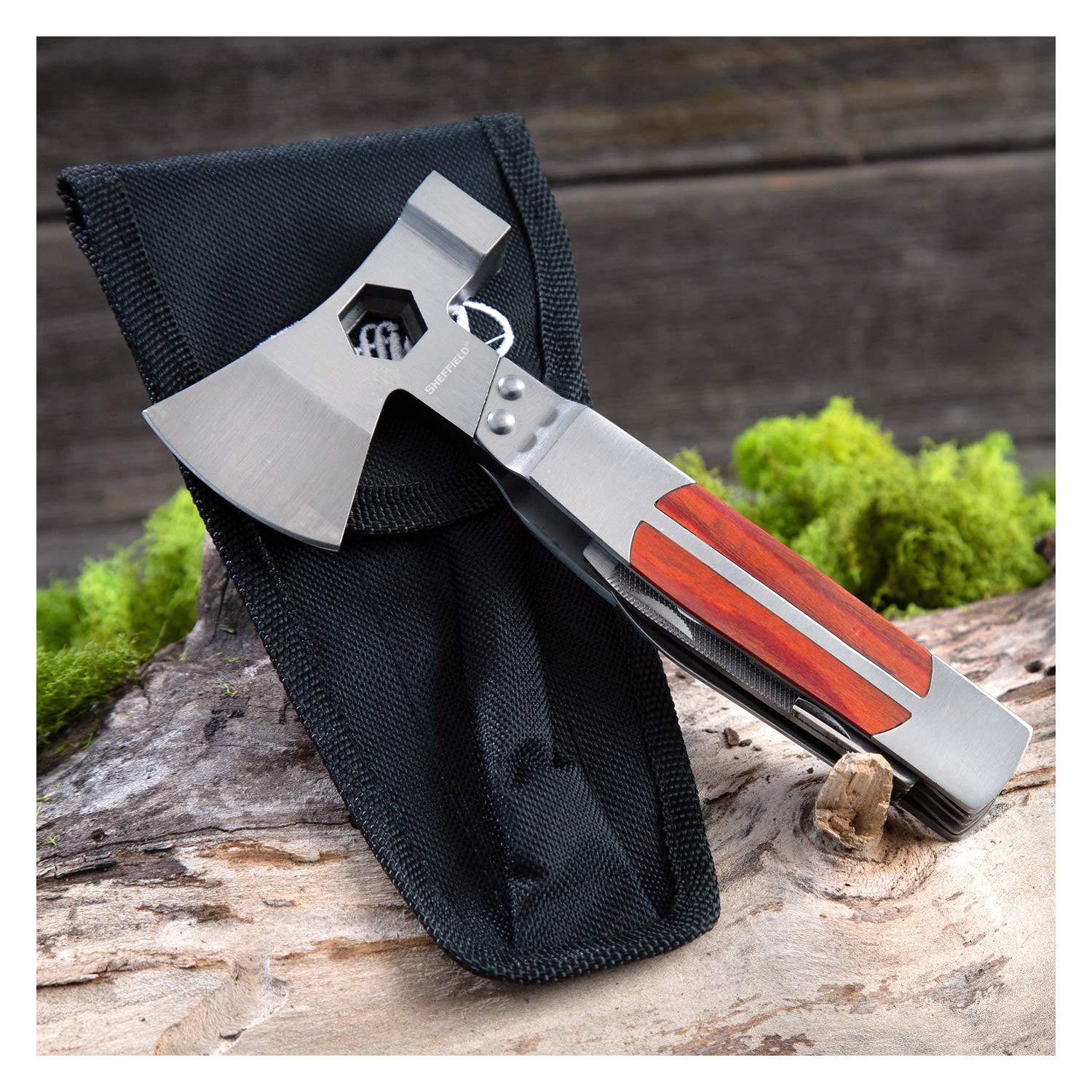 Sheffield Sheffield 12301 Axe Multi Tool, 12-in-1 Camping Knives & Tools, Utility Tool Double Axe Head, Camping Tool, Stainless Steel Knife Multitool