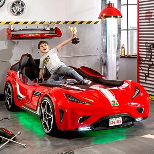 Cilek Cilek GTS EV Twin Race Car Bed, Remote Control, LED Lights, EV Sound FX, Vegan Leather Interior, License Plate, Red