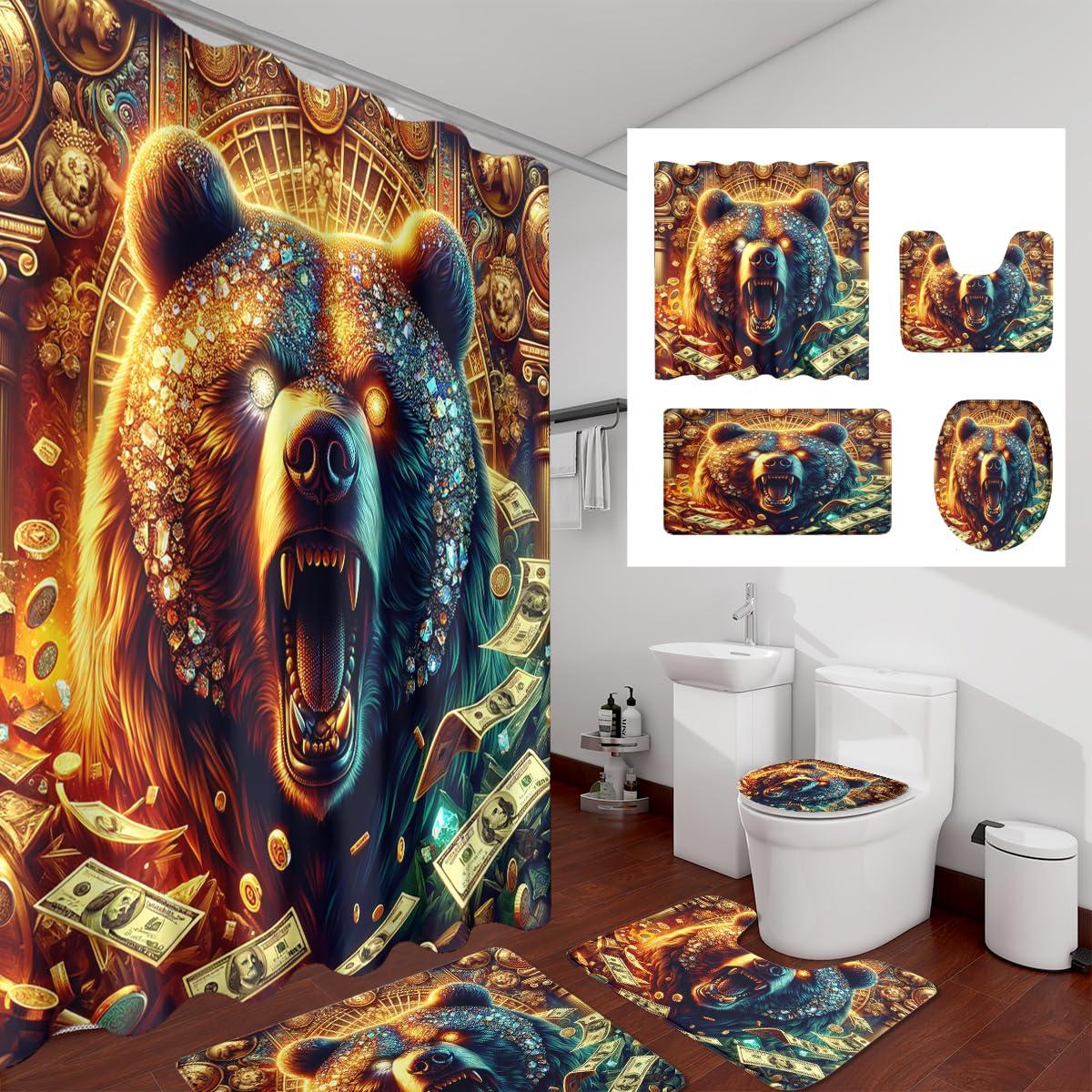 JretailAx Cool Cabin Wildlife Bear 4 Piece Shower Curtain Sets,Modern 100 Dollar Bill Cash Theme Angry Bear Non-Slip Rugs,Toilet Lid Cover and Bath Mat,Durable and Waterproof,for Bathroom Decor Set