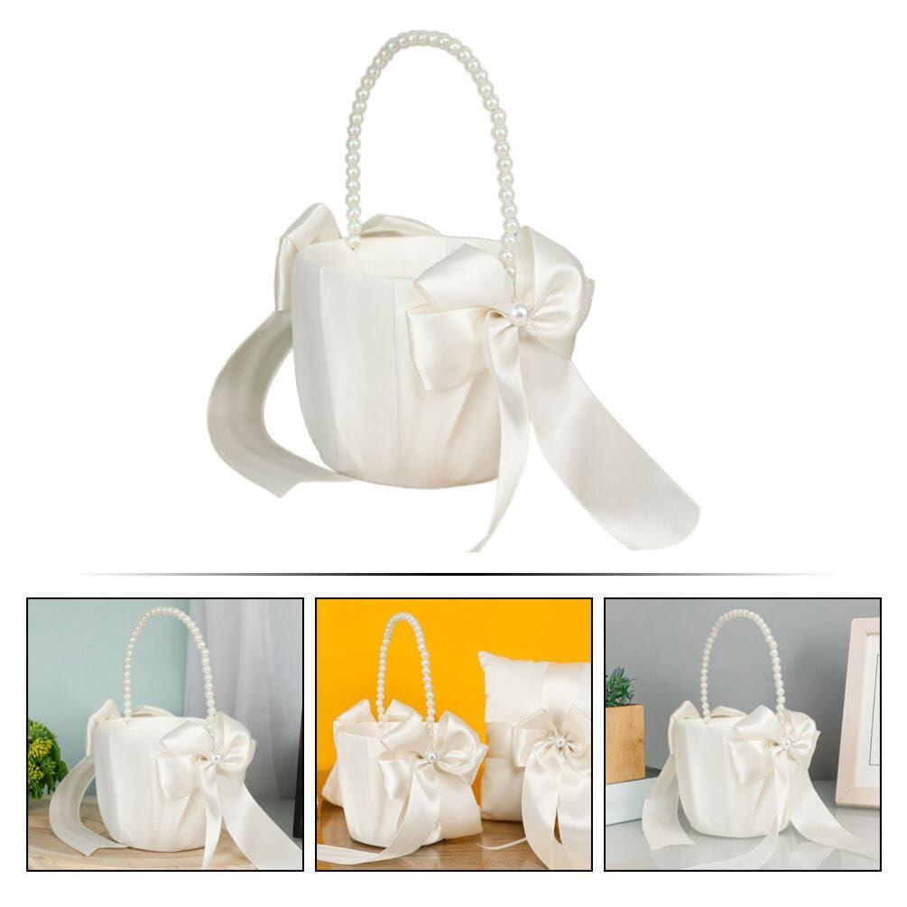 HOLIDYOYO HOLIDYOYO Wedding Flower Girl Baskets with Pearl Handle Bowknot Satin Flower Baskets Flower Pedal Basket for Wedding Ceremony Party