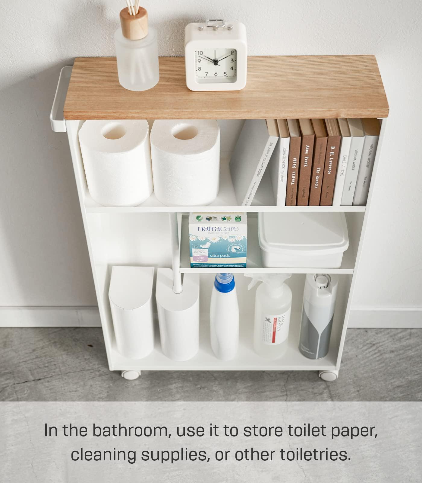 YAMAZAKI Yamazaki Home Rolling Slim Bathroom Utility Cart with Handle - Storage Shelf Narrow Organizer Rack Steel One Size White