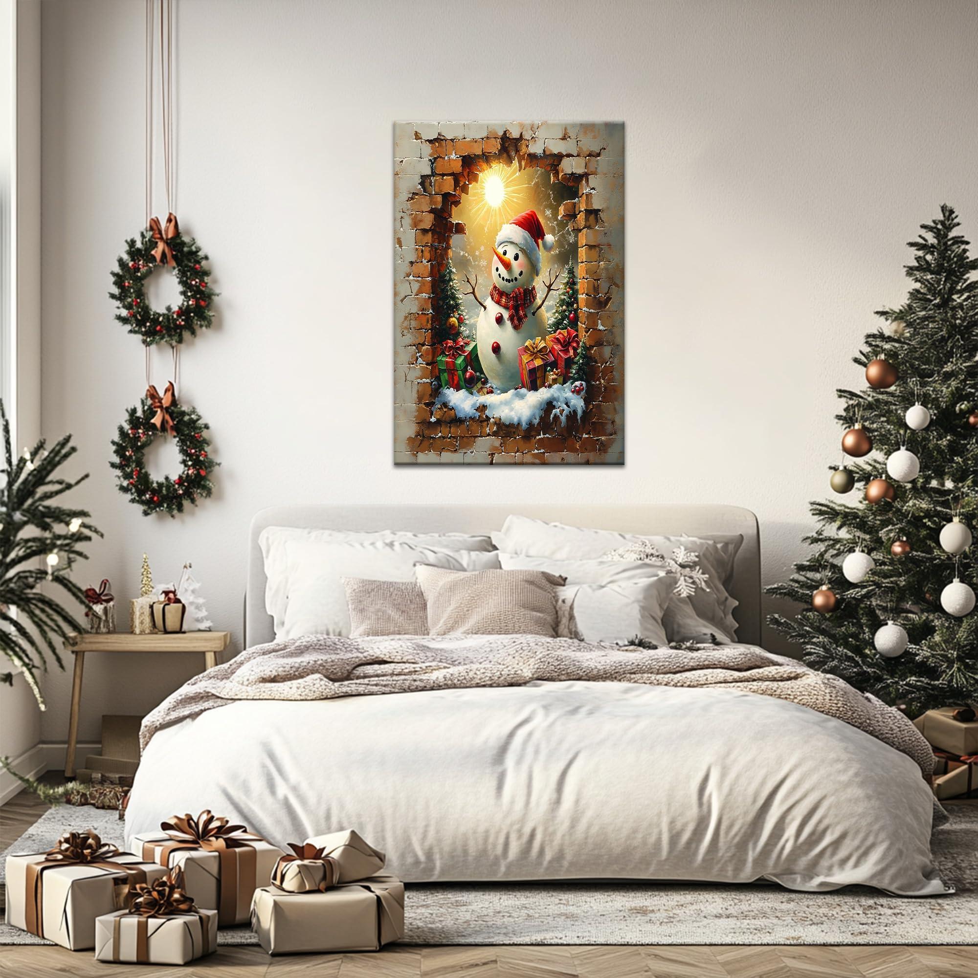 KVTM Christmas Wall art, Snowman and Christmas Gifts Pictures Prints Wall Art Decor, Winter Landscape Paintings Winter Snowy Scene, Christmas Wall Decor Winter landscape Animals Canvas Home Artwork 32\"x48\"