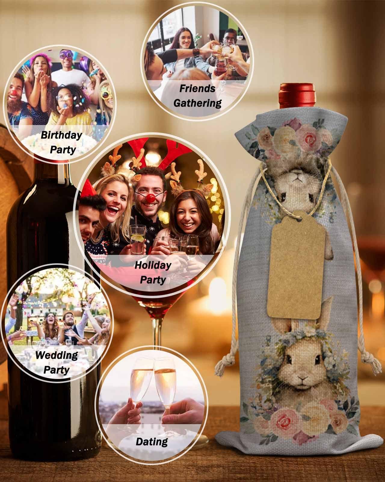 PIEPLE PIEPLE Easter Blue Bunny 10PCS Wine Bottle Bags, Wine Bottle Cover with Drawstring, Gift Bag for Champagne, Wedding, Birthday, Party Rustic Spring Botanical Flower Leaves