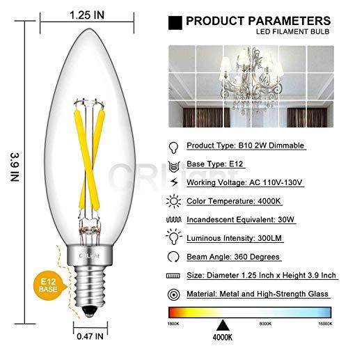 CRLight CRLight 2W 4000K LED Candelabra Bulb Daylight White 30W Equivalent 300LM, E12 Dimmable LED Chandelier Light Bulbs, Antique Style B10 Clear Glass Candle Torpedo Tip, 10 Pack