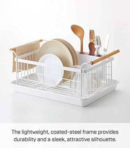 YAMAZAKI Yamazaki Home Dish Rack with Removeable Drainer Tray, Kitchen Counter Dish Drying Organizer Holder Steel + Wood One Size White