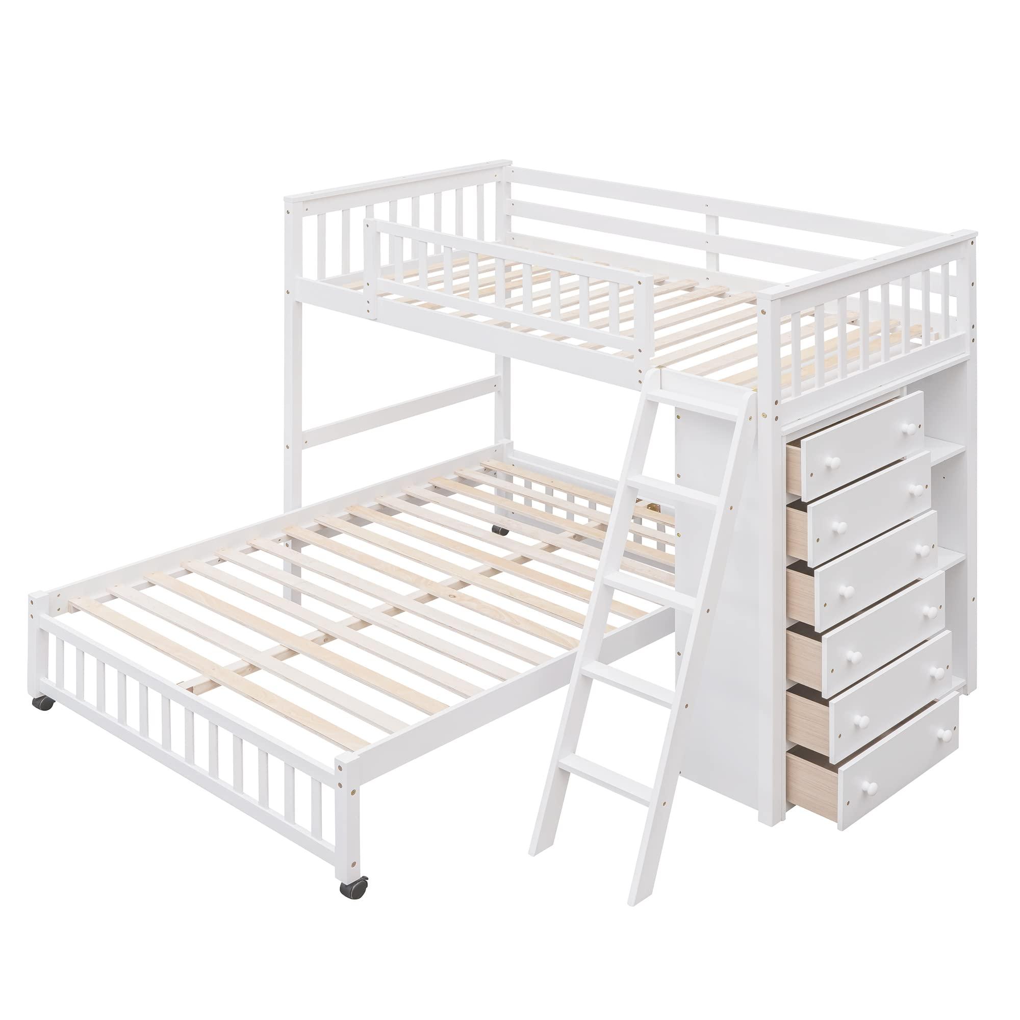 Brabrety Twin Over Full Wooden Bunk Bed with Six Drawers and Three Flexible Shelves, Bottom Platform Bed with Wheels can Movable.Suitable for children\'s and teenagers\' bedrooms or dormitories (White#V)