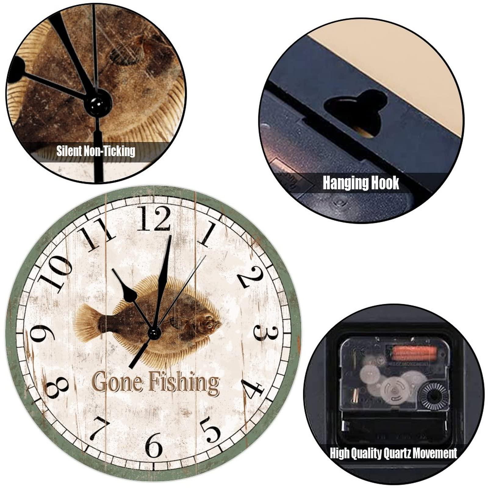 ArogGeld Go Fishing Wood Wall Clock Greenback Flounder Beach Decor Ocean Coastal Wall Clocks Quartz Battery Operated 12Inch Clock Rustic Farmhouse for Kitchen Bedroom Office Birthday Housewarming Gift