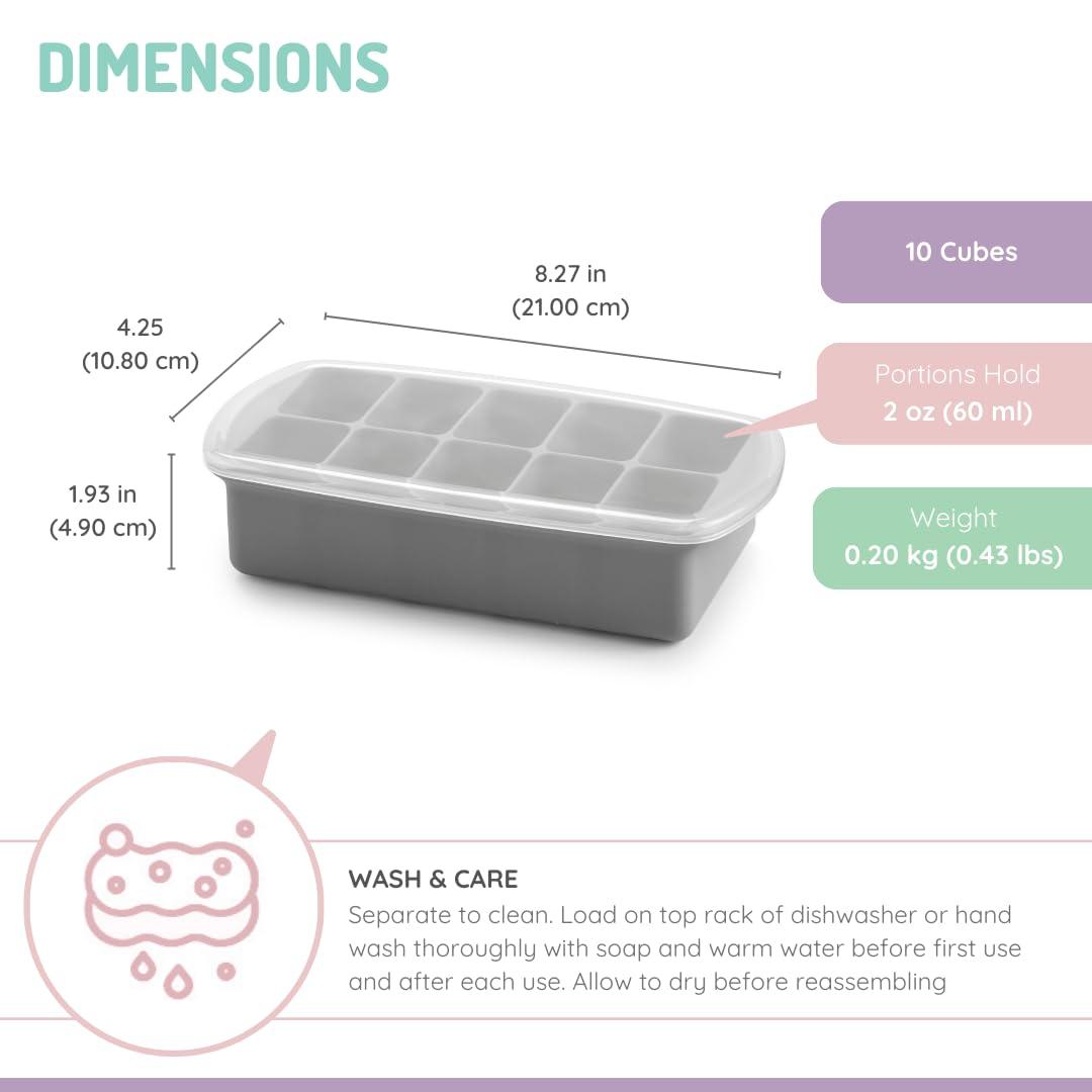 melii melii Silicone Baby Food Freezer Tray with Lid Versatile 10-Cup 2oz Portion Tray for Freezing Breastmilk, Homemade Baby Food, Sauces, Smoothies and Snacks Microwave, Freezer Safe- Grey