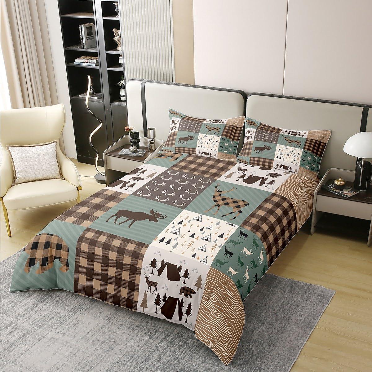Erosebridal 100% Cotton Rustic Patchwork Duvet Cover King,Retro Cabin Bedding Set for Kids Boys Teens,Woodland Bear Deer Hunting Comforter Cover Moose Wild Animal Camping Tent Brown Lattice Farmhouse Bed Set