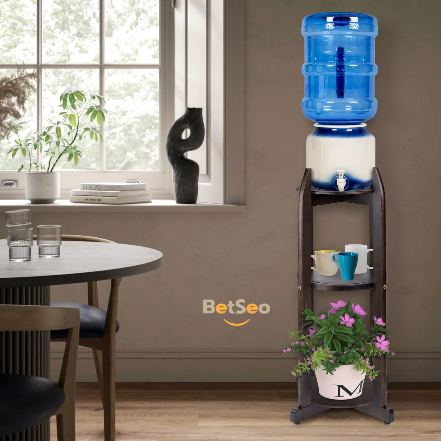 LASIDO Natural Solid Wood Water Dispenser Stand (32.8"Hight-11.2"Wide) Ceramic Water Dispenser Floor Stand, 5 Gallon Water Jug Stand with 3 Round Shelfs Included for 1-5 Gallon Water Bottles/Crocks/Water Jug