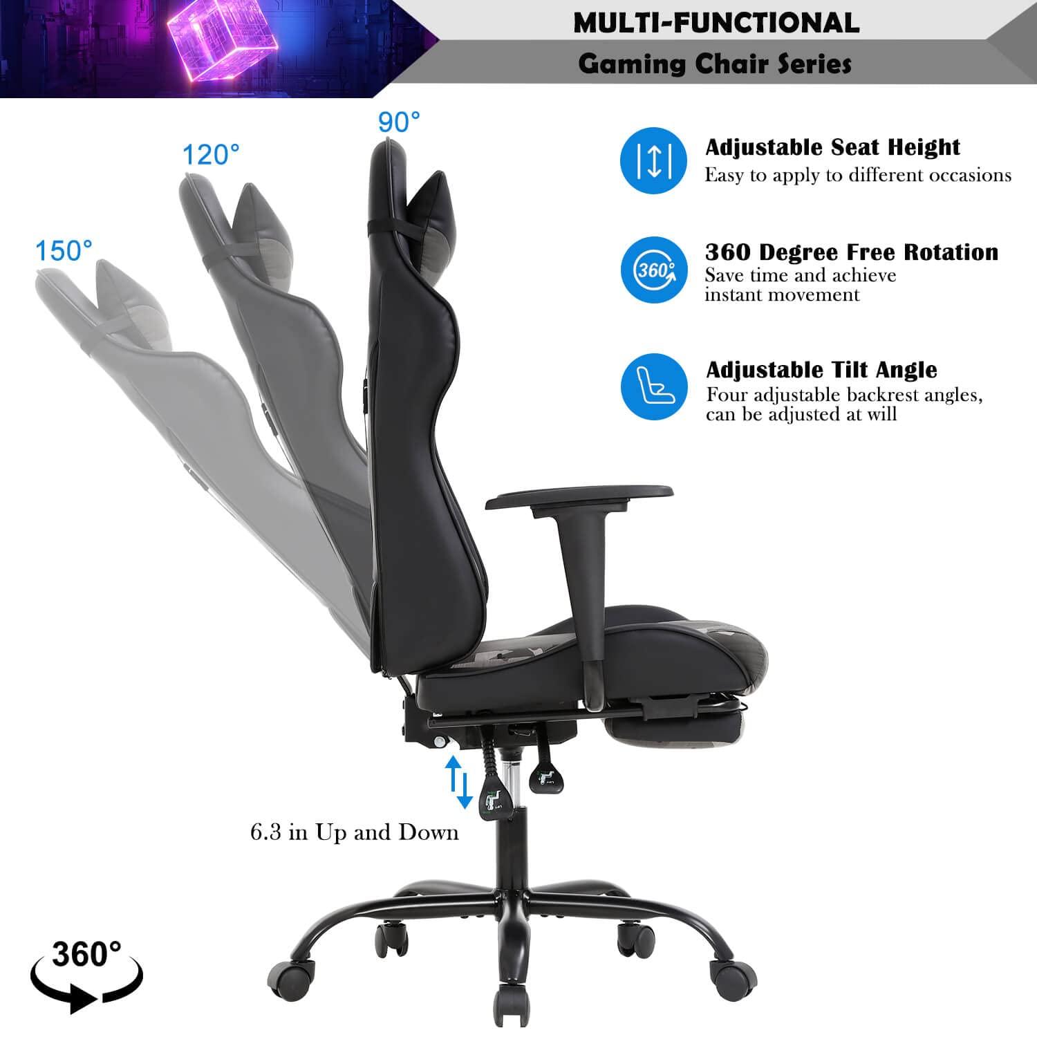 Haiput Wam Gaming Chair, Height Adjustable Swivel Rolling Chair with Headrest Footrest and Massage Lumbar Support, PU High Back Ergonomic PC Chair for Office or Gaming, Office Gaming Chair