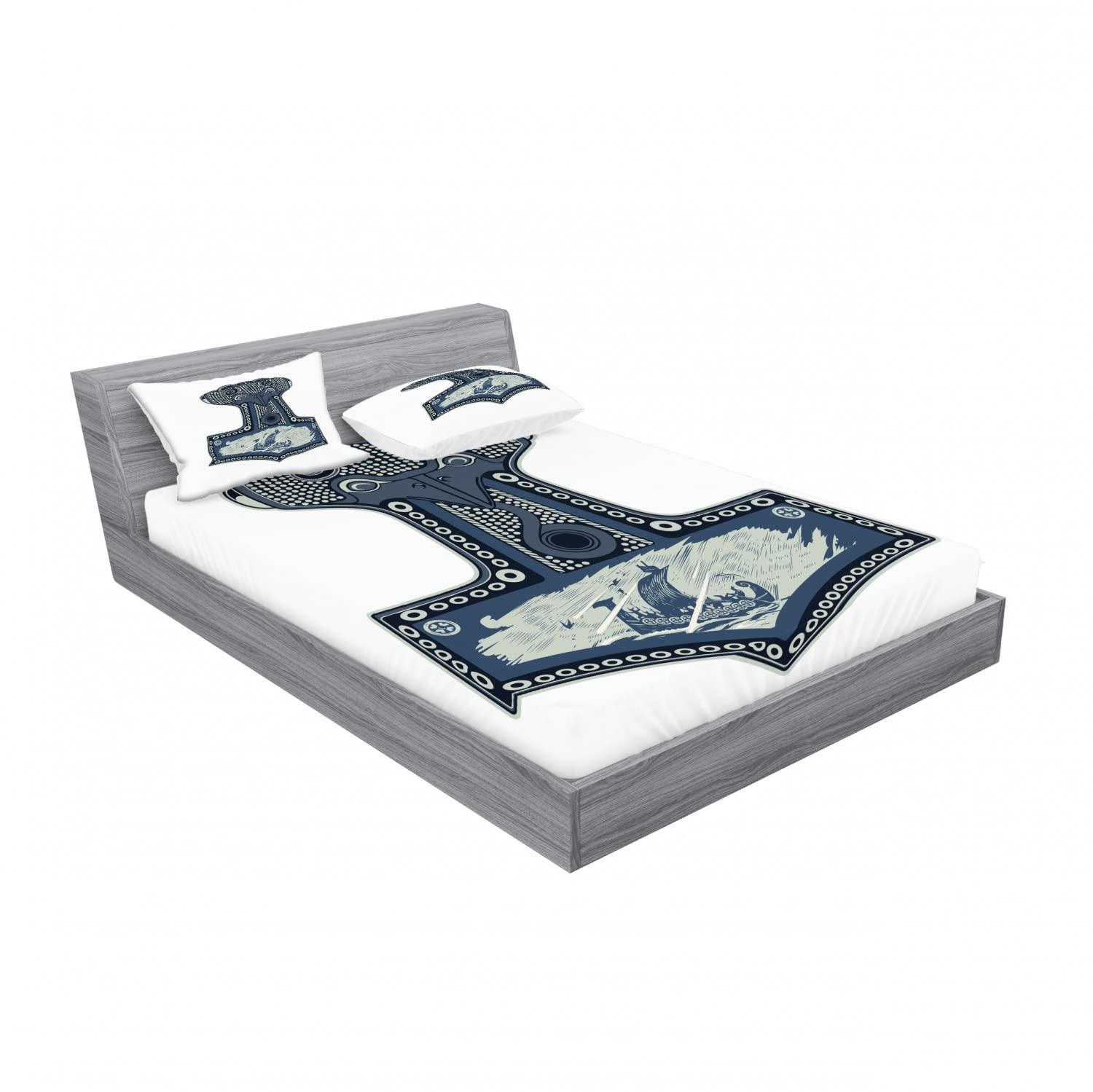 Lunarable Lunarable Viking 2 Pack Fitted Sheet & Pillow Sham Set, Scandinavian Folklore Motifs, 4 Pcs Bedding Decor, Package Contains 2 Queen Size Fitted Sheets & 4 Pillow Covers, Slate Blue Blue Grey