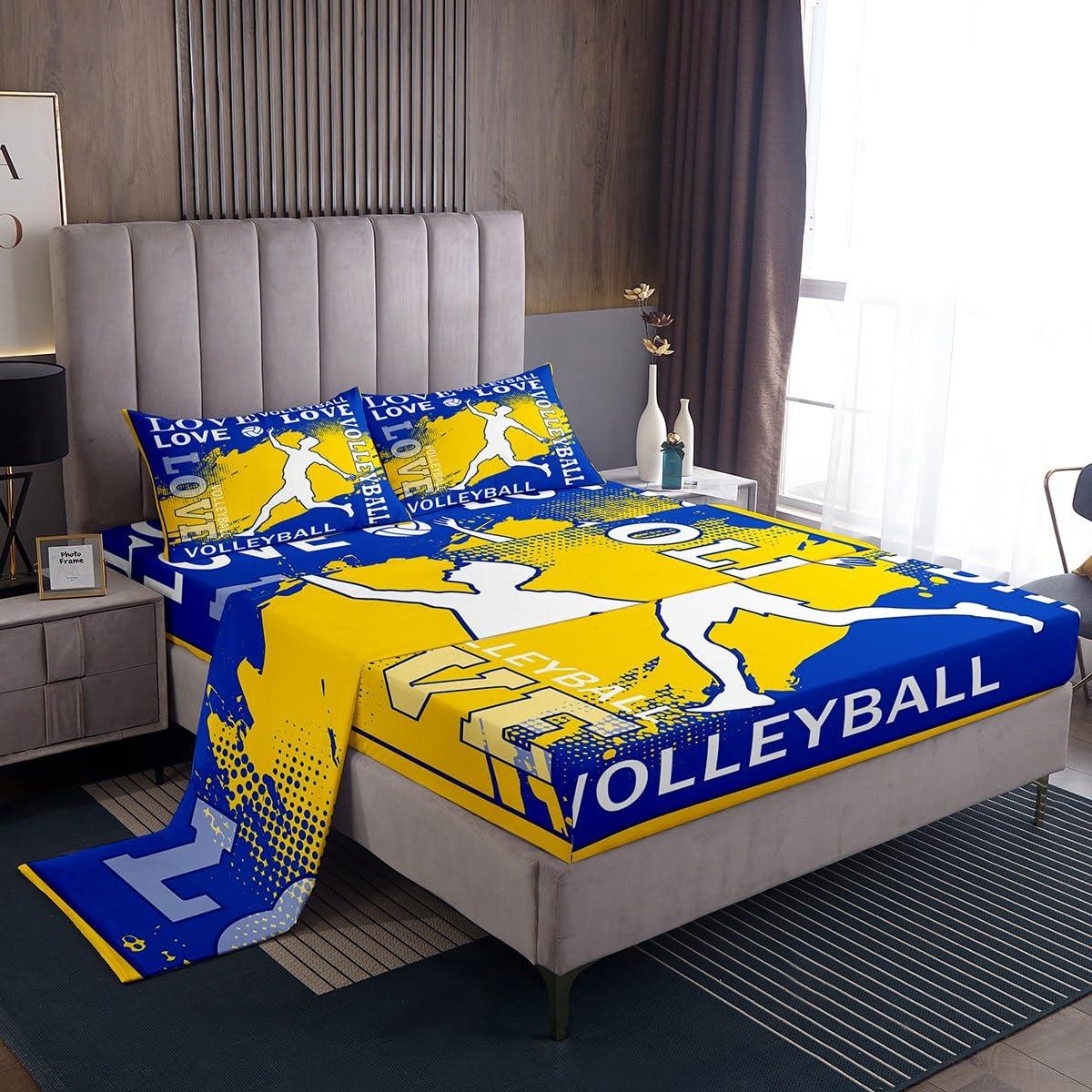 Homewish Volleyball Player Kids Sheet King Size,Sports Games Competition Lover Bedding Set,Girls Boys Adults Room Decor,Yellow Graffiti Fashion Blue Chic Bed Sheet Set 4pcs(Fitted + Flat + 2 Pillowcases)