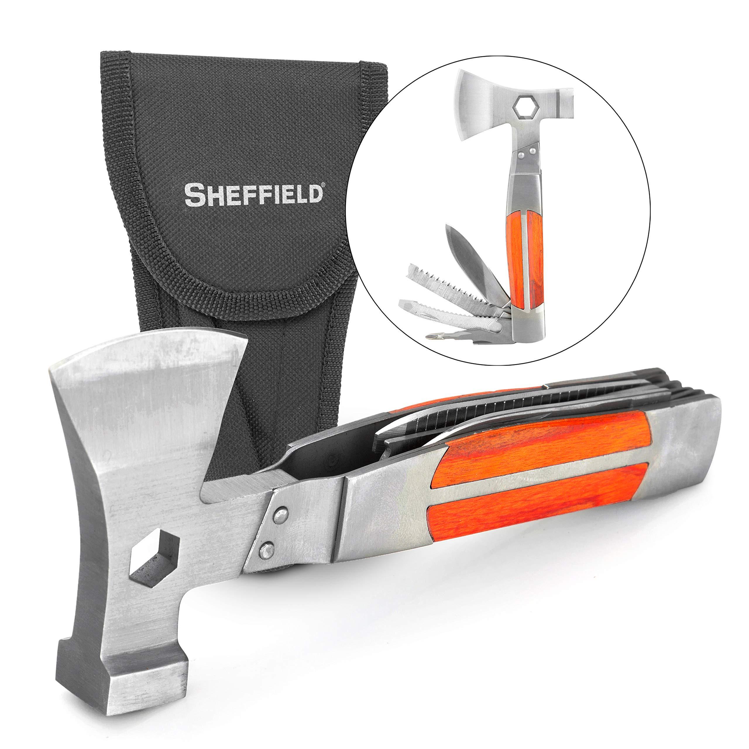 Sheffield Sheffield 12301 Axe Multi Tool, 12-in-1 Camping Knives & Tools, Utility Tool Double Axe Head, Camping Tool, Stainless Steel Knife Multitool