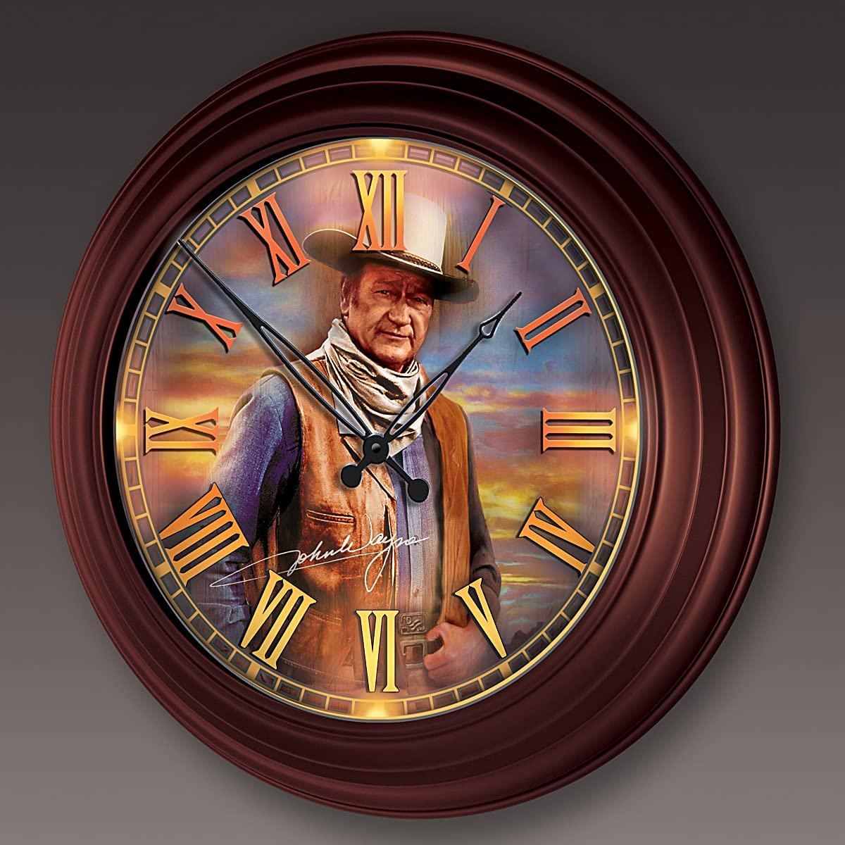 The Bradford Exchange John Wayne: Timeless Legend Outdoor Illuminated Atomic Wall Clock Featuring A Glass-Encased Face with Roman Numerals & The Duke's Replica Signature