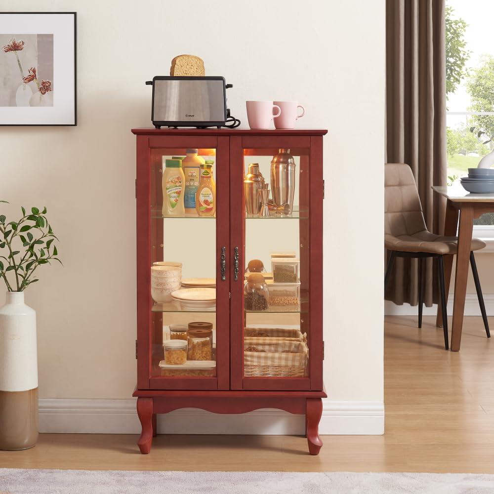 OCACA OCACA 2 Doors Curio Cabinet with Tempered Glass Doors, Curio Cabinets with Mirrored Back Panel and Adjustable Shelves, Lighted Display Cabinet for Home, Office Light Bulb Included Cherry