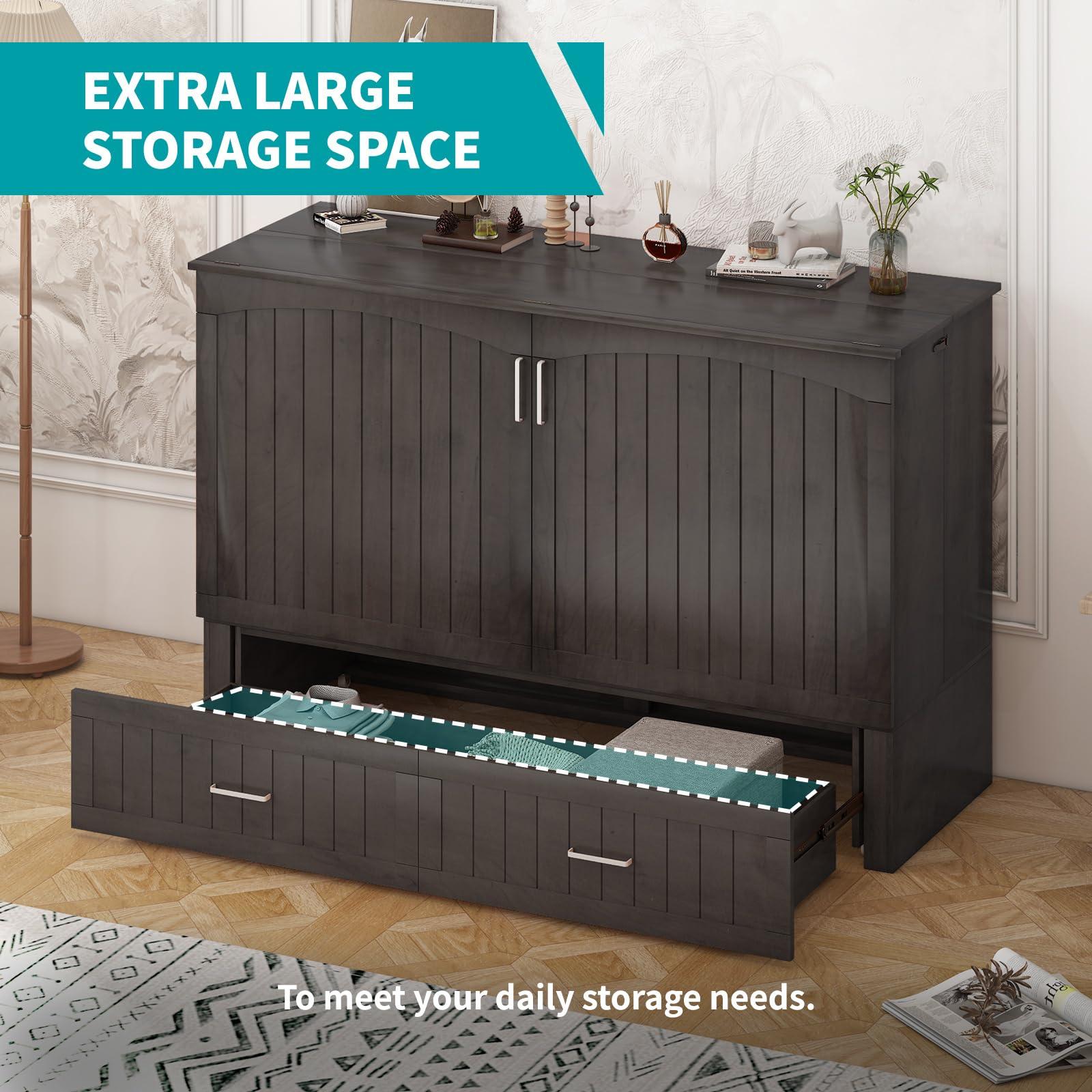 BALUS BALUS 64\" W Murphy Bed Cabinet with Mattress,Murphy Bed Queen,Modern Muti-Functional Cube Cabinet Bed 2 Large Drawers&3 Level Folding Foam Mattress for Living Room/Apartment/Loft (Stone Grey)