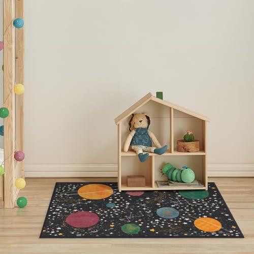 RUGGABLE Ruggable Washable 2x3 Area Rug, Rainbow, Premium Kids Rugs for Playroom, Living Room, Bedroom, Kitchen, Office with Gripper Non Slip Pad, Outer Space Black