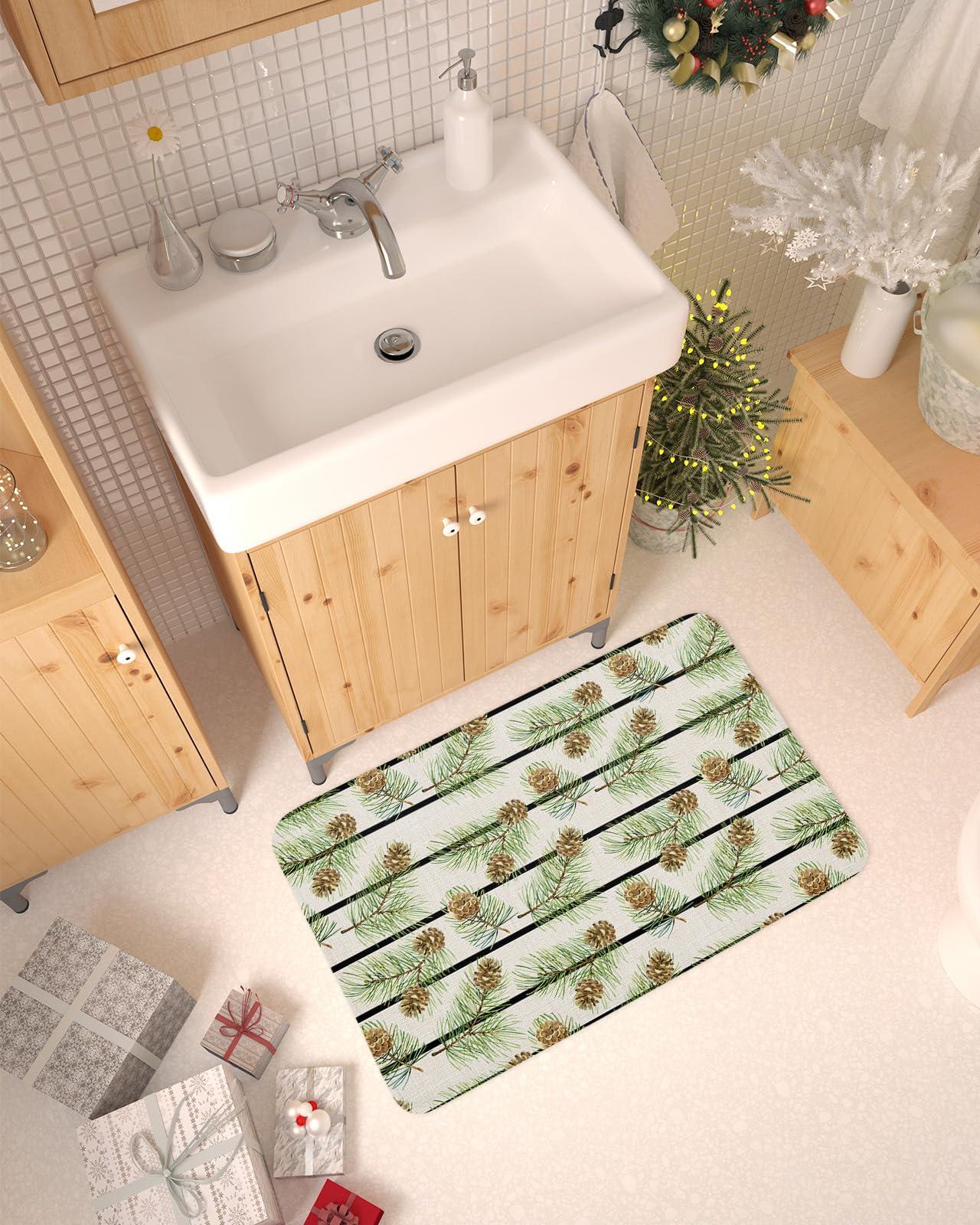 Libaoge Christmas Kitchen Mat Rug Set of 2 Coniferous Pine Cones Cotton Linen Runner Rug Anti-Fatigue Comfort Memory Foam Standing Mat Non-Slip Floor Door Mat for Bathroom Bedroom 24x35in+24x71in