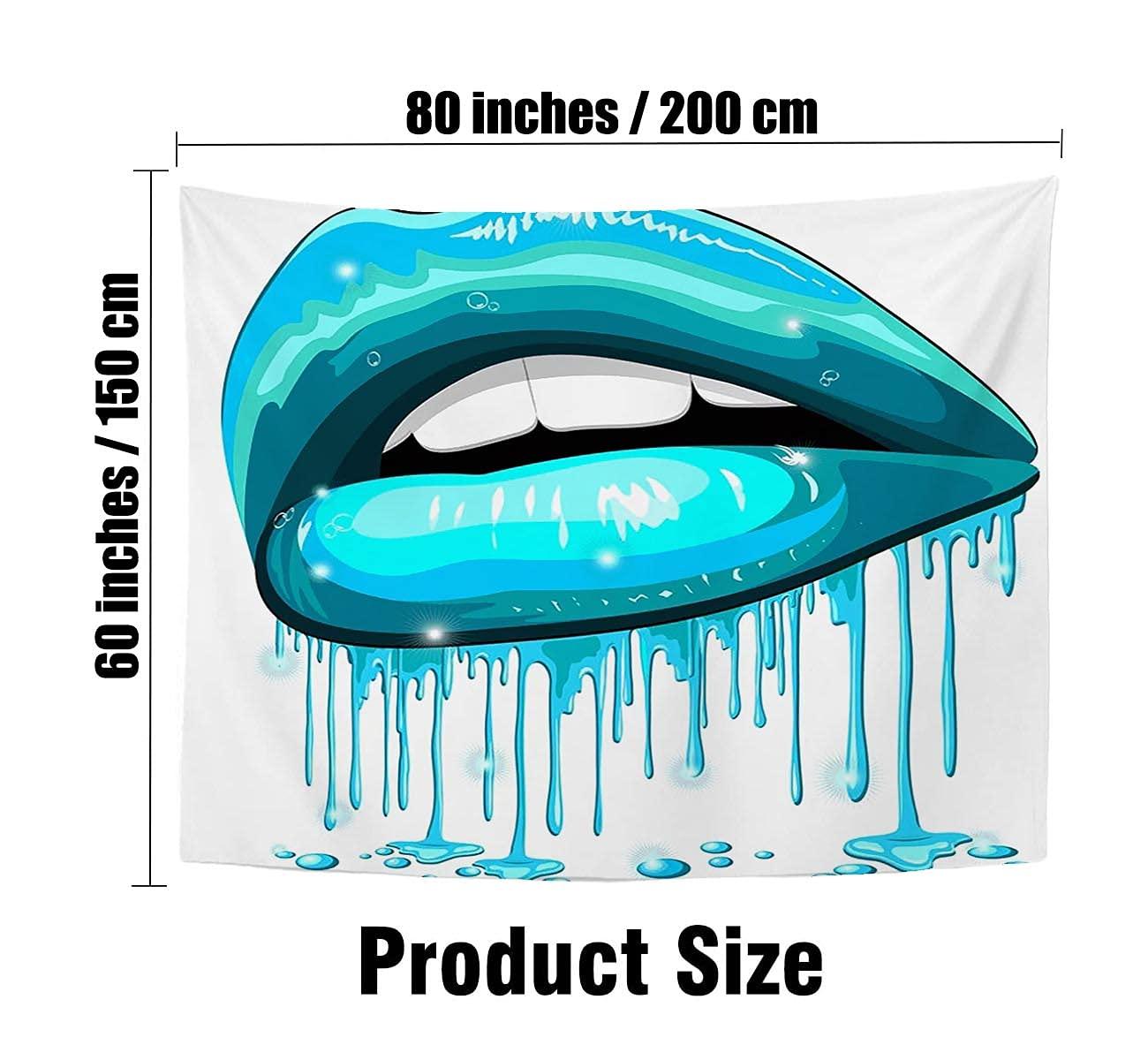 Mearklwd Tapestry Wall Hanging Dripping Lips Teal Color Beauty Water Turquoise Beautiful Lipstick Woman Makeup Abstract Textures Tapestry Trippy Tapestry for Room (80x60 Inches)