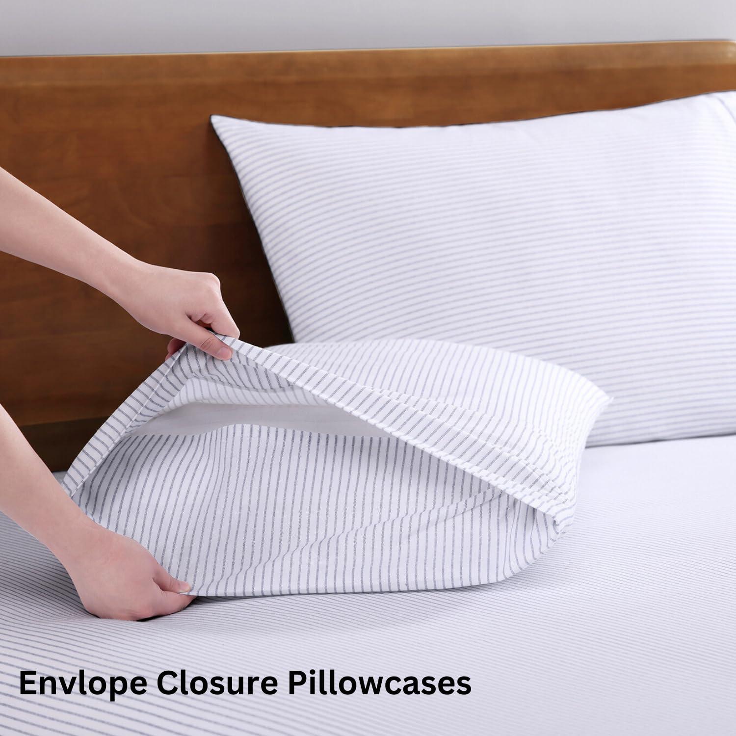 LANE LINEN LANE LINEN 100% Organic Cotton California King Sheets Set, 4-Piece Organic Cotton Long Staple Percale Weave Soft Bedding Sheets for Bed, Breathable, Fits Mattress Upto 15\" Deep - Blue Ticking Stripe