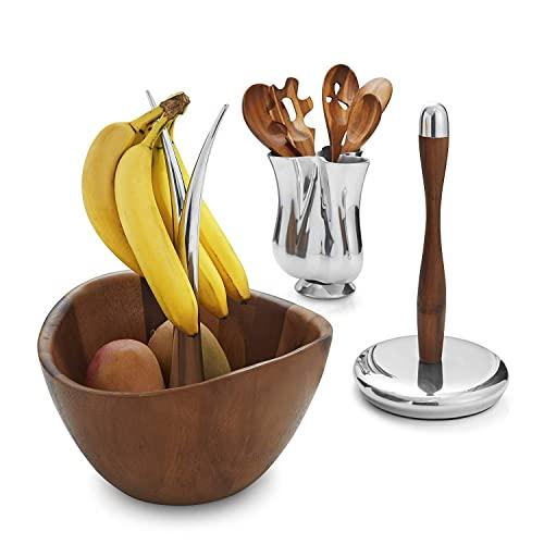 nambe nambe Fruit Tree Bowl | Fruit Basket with Banana Hanger | Large Decorative Wooden Fruit Bowl for Kitchen Counter or Centerpiece Table Décor | Made of Acacia Wood and Metal Alloy | 12-Inch