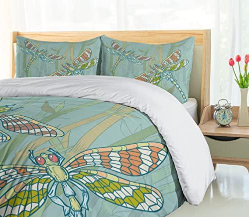 Ambesonne Ambesonne Dragonfly Duvet Cover Set, Doodle Style Giant Dragonfly on Lake Bushes Nature Exotic Picture Art, Decorative 3 Piece Bedding Set with 2 Pillow Shams, King Size, Almond Green
