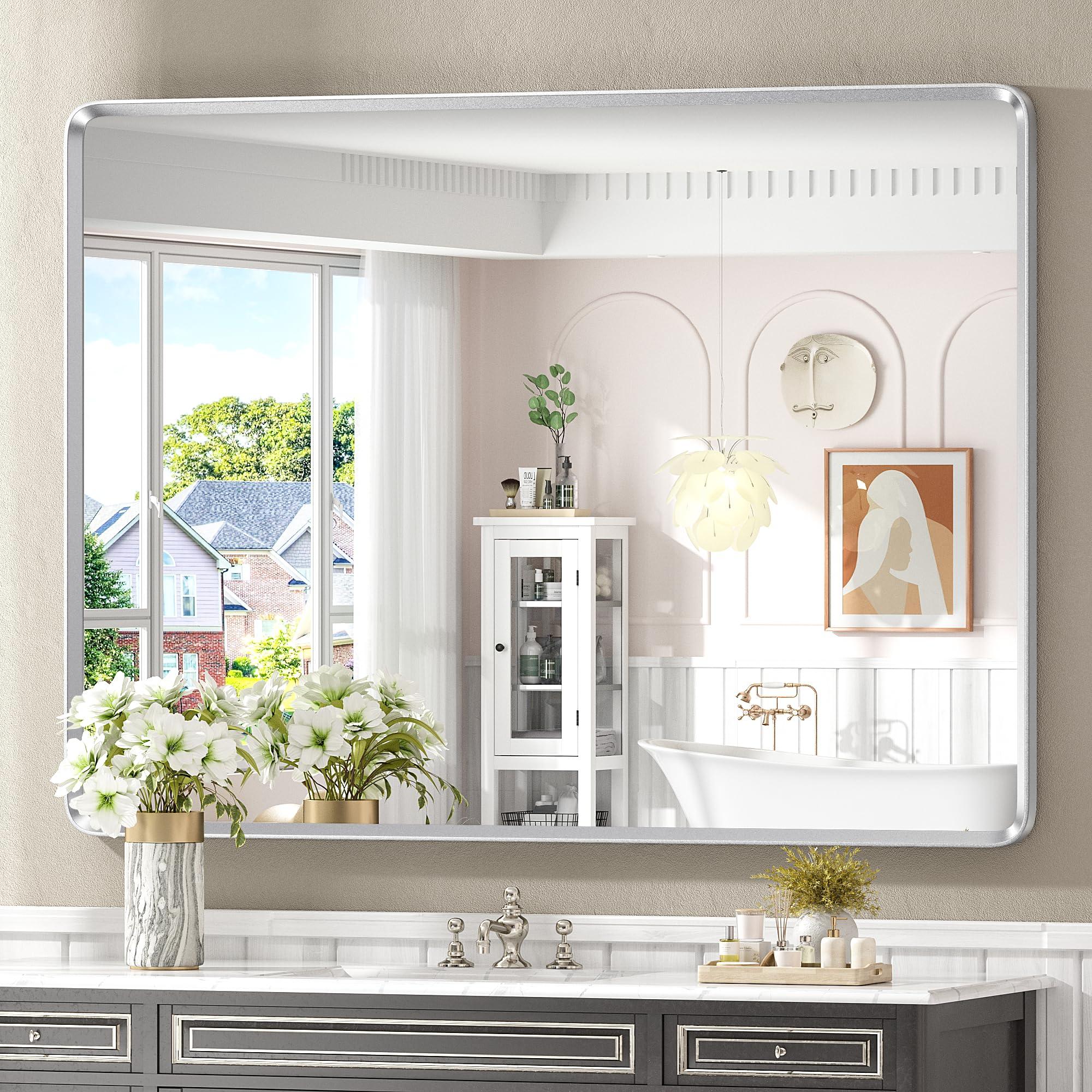 GOLOMO GOLOMO 48x36 Inch Silver Bathroom Mirror for Wall, Silver Metal Framed Bathroom Vanity Mirror, Modern Rounded Rectangle Mirror, Shatterproof, Anti-Rust (Horizontal/Vertical)